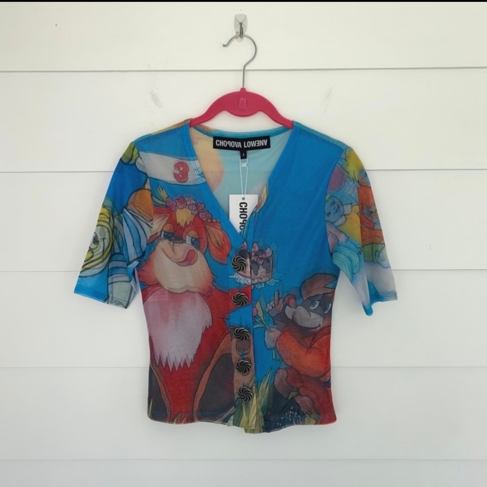 NWT Chopova Lowena Cartoon Mesh Top Blue Multi Small